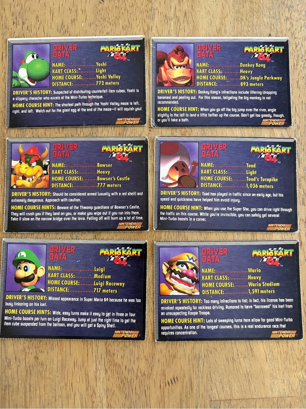 vintage 1997 Mario Kart 64 Driver Data / Power Tips trading cards